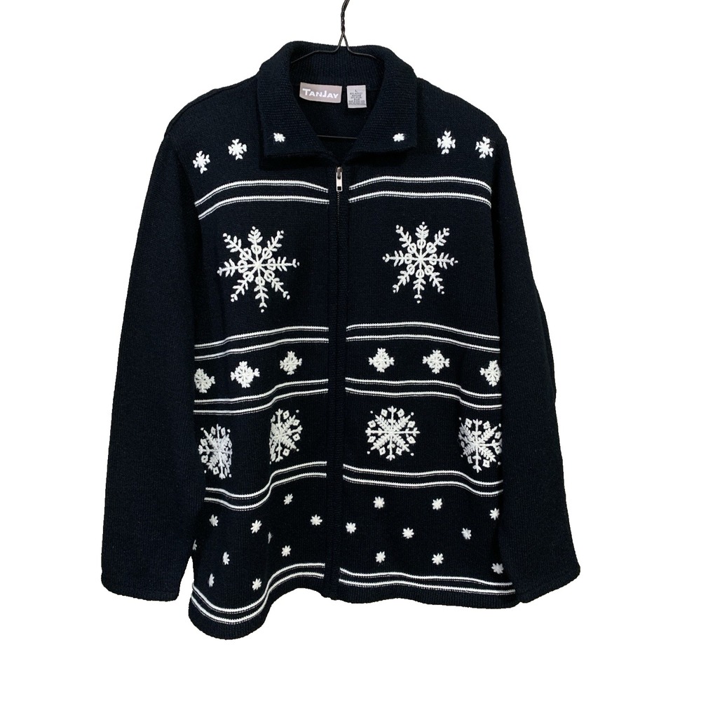 Tanjay Black‎ & White Snowflake Zip Front Holiday Cardigan Sweater  Women's  L